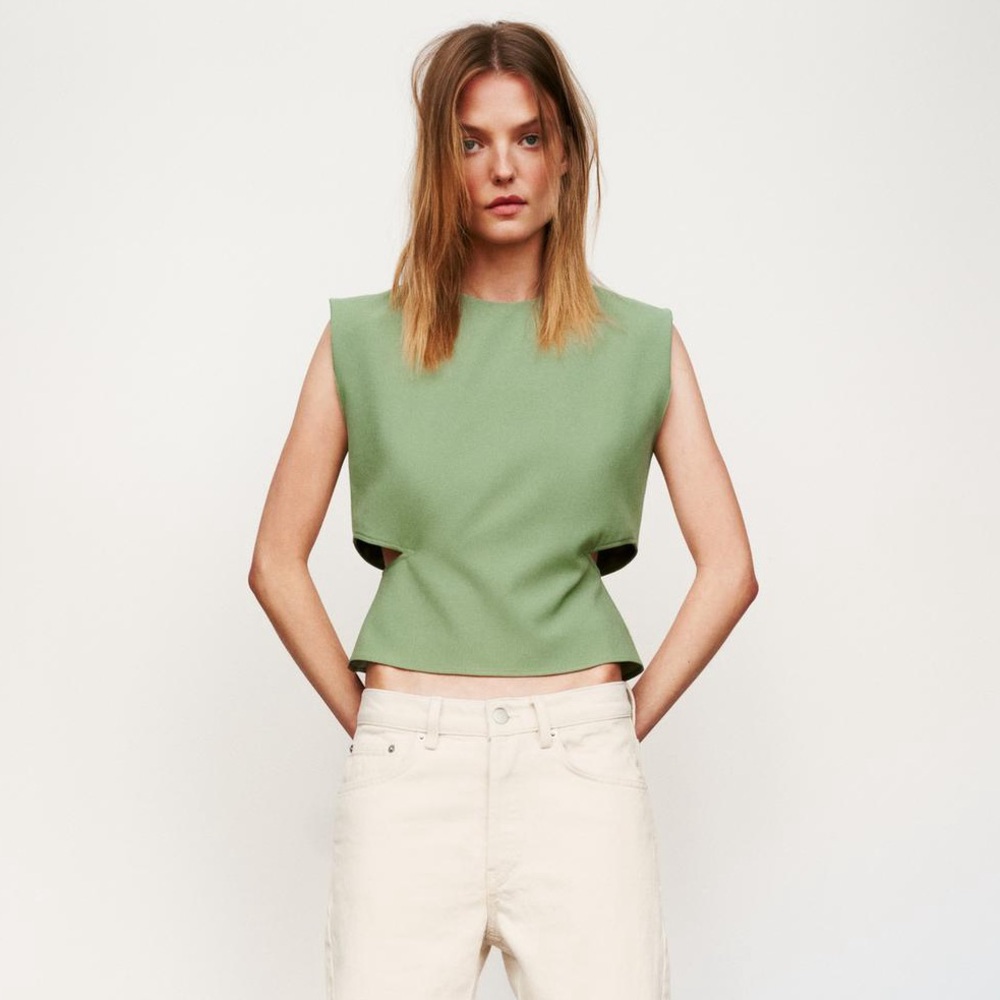 NWT Zara Apple Green Sleeveless Cut Out Crop Top Minimalist Chic
